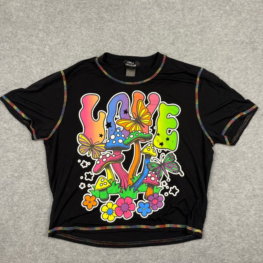 Social Collision T-Shirt Women XL Black Love Mushroom Butterfly Rainbow Stitch
